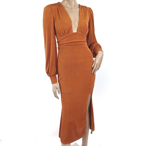 LS Plunging Neck Line High Waist Stretch Midi Dress M - Picture 3 of 5